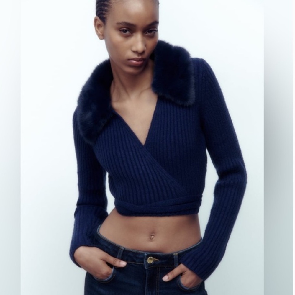Zara Navy Wrap Sweater with Faux Fur Collar